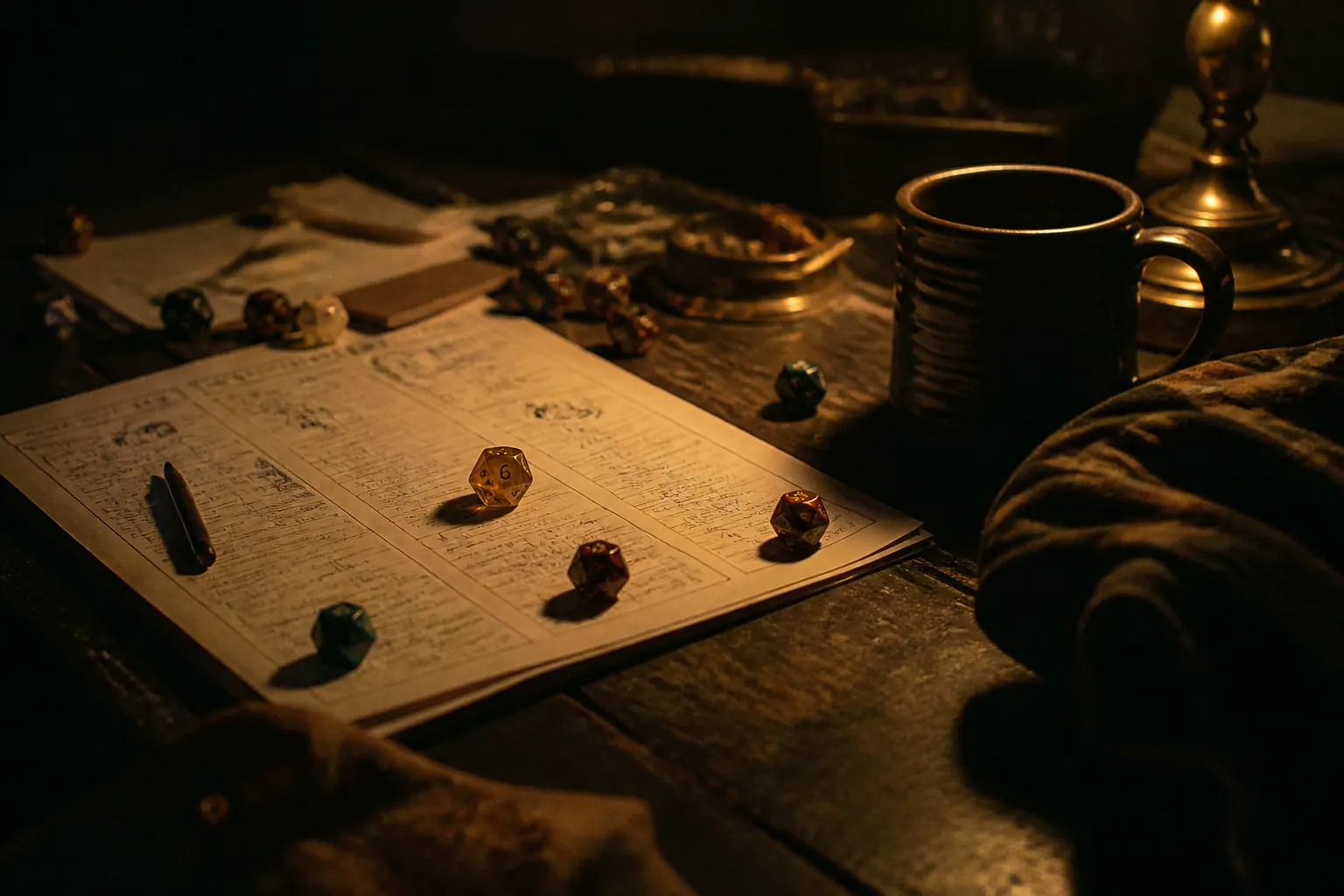 Dice, snacks, character sheets, flannel, and a mug arranged on a tabletop