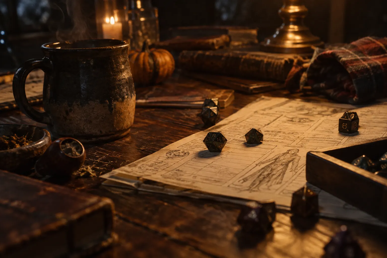 Black Halloweed graphic shirt beside dice, snacks, flannel, and character sheets on a table
