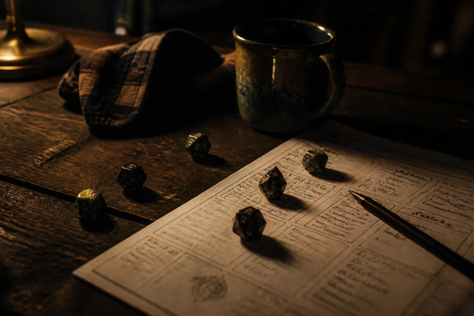 Dice, snacks, flannel, mugs, and a spooky tabletop shirt on a game table