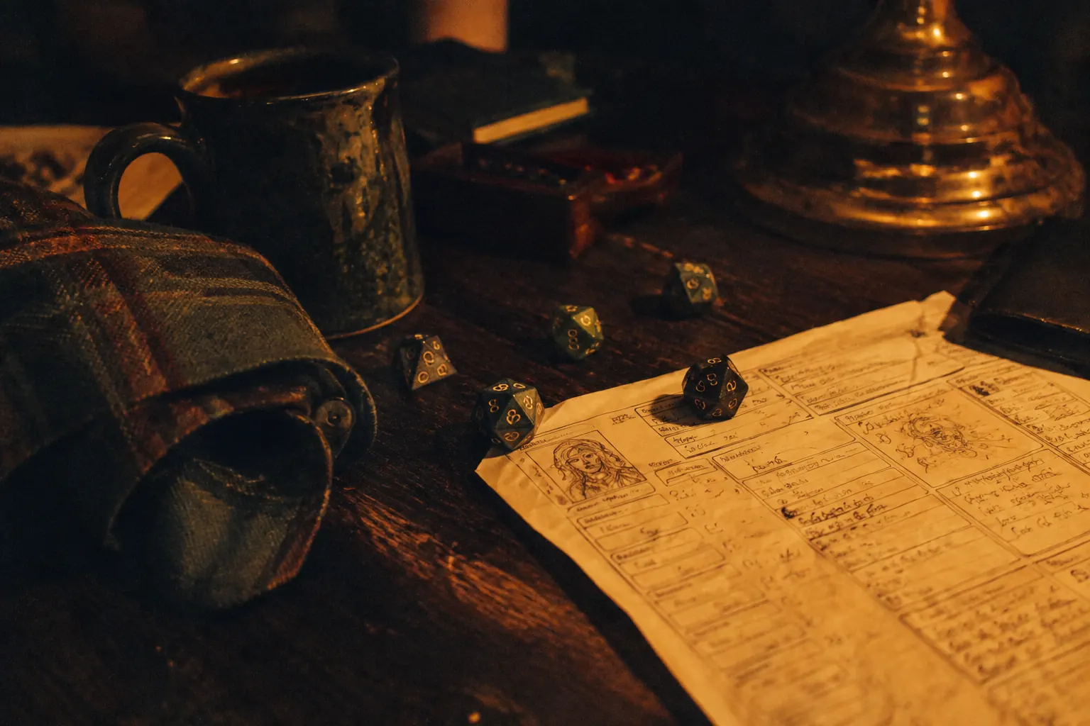 Flannel-clad tabletop players roll dice beside mugs, snacks, and autumn leaves