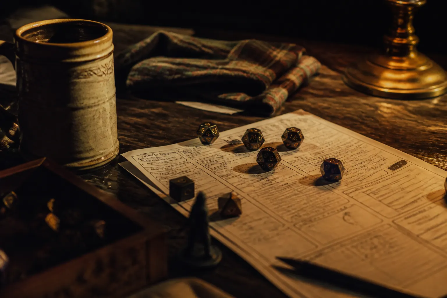 Dice, seedling pots, snacks, flannel, and a lighter on a tabletop