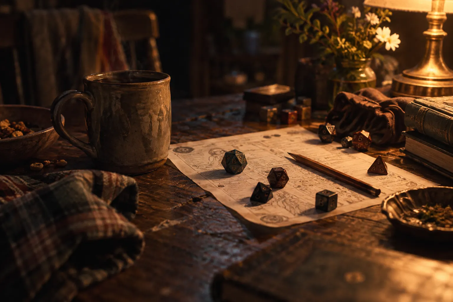 Dice, seedlings, snacks, flannel, and a mug on a wooden tabletop