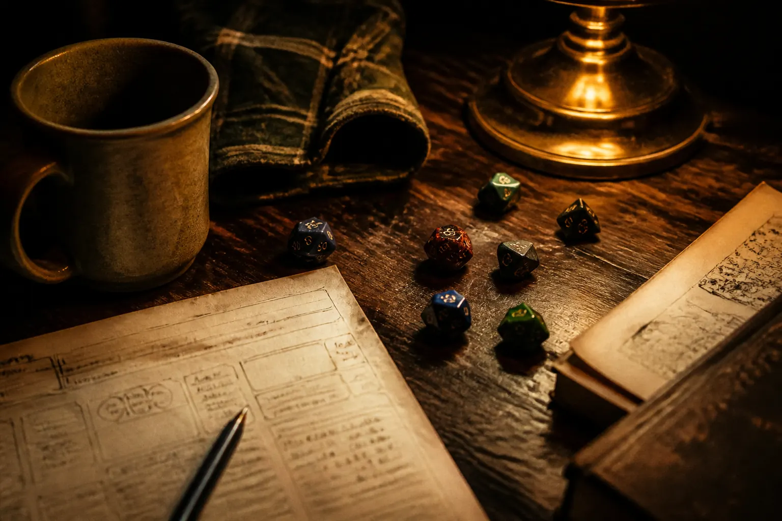 Dice, snacks, mugs, flannel, and graphic shirts arranged on a porch table