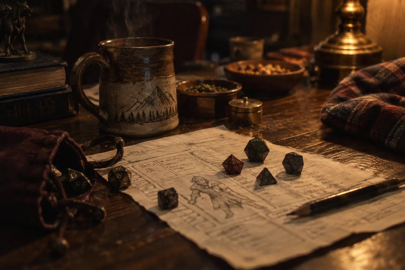 Flannel-clad tabletop player rolls dice beside snacks, mugs, character sheets, and a lighter