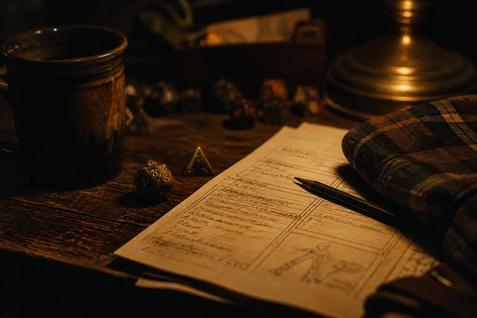 Flannel-clad tabletop player with dice, snacks, mugs, and leafy houseplants