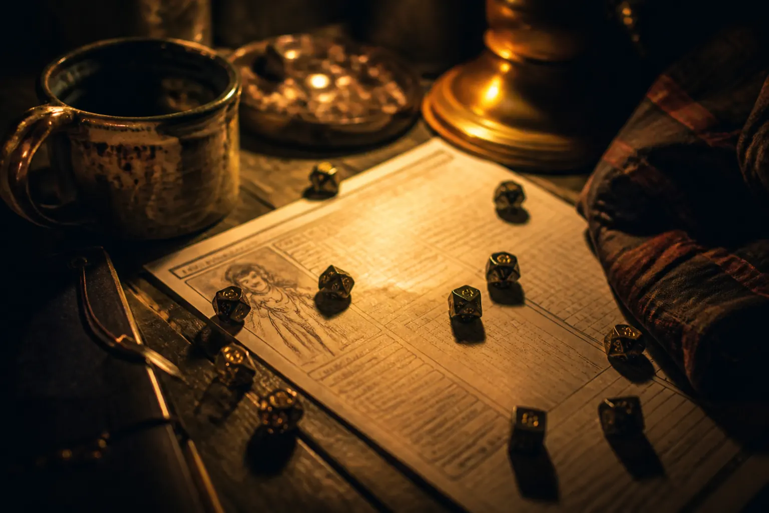 Dice, snacks, mugs, and flannel spread across a tabletop roleplaying game table
