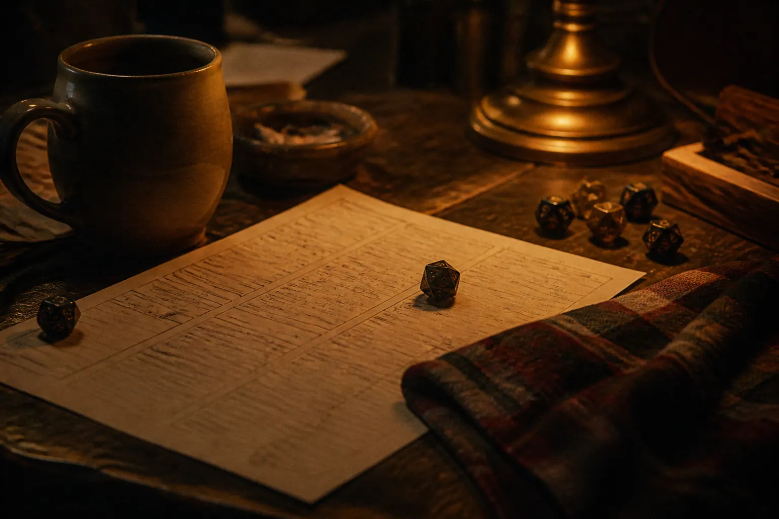 Dice, snacks, mugs, and character sheets cover a cozy tabletop game table