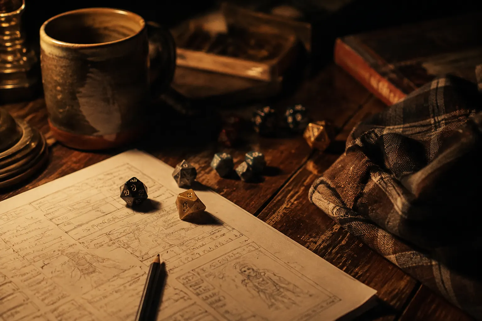 Dice, snacks, mugs, and character sheets on a cozy rainy-day game table