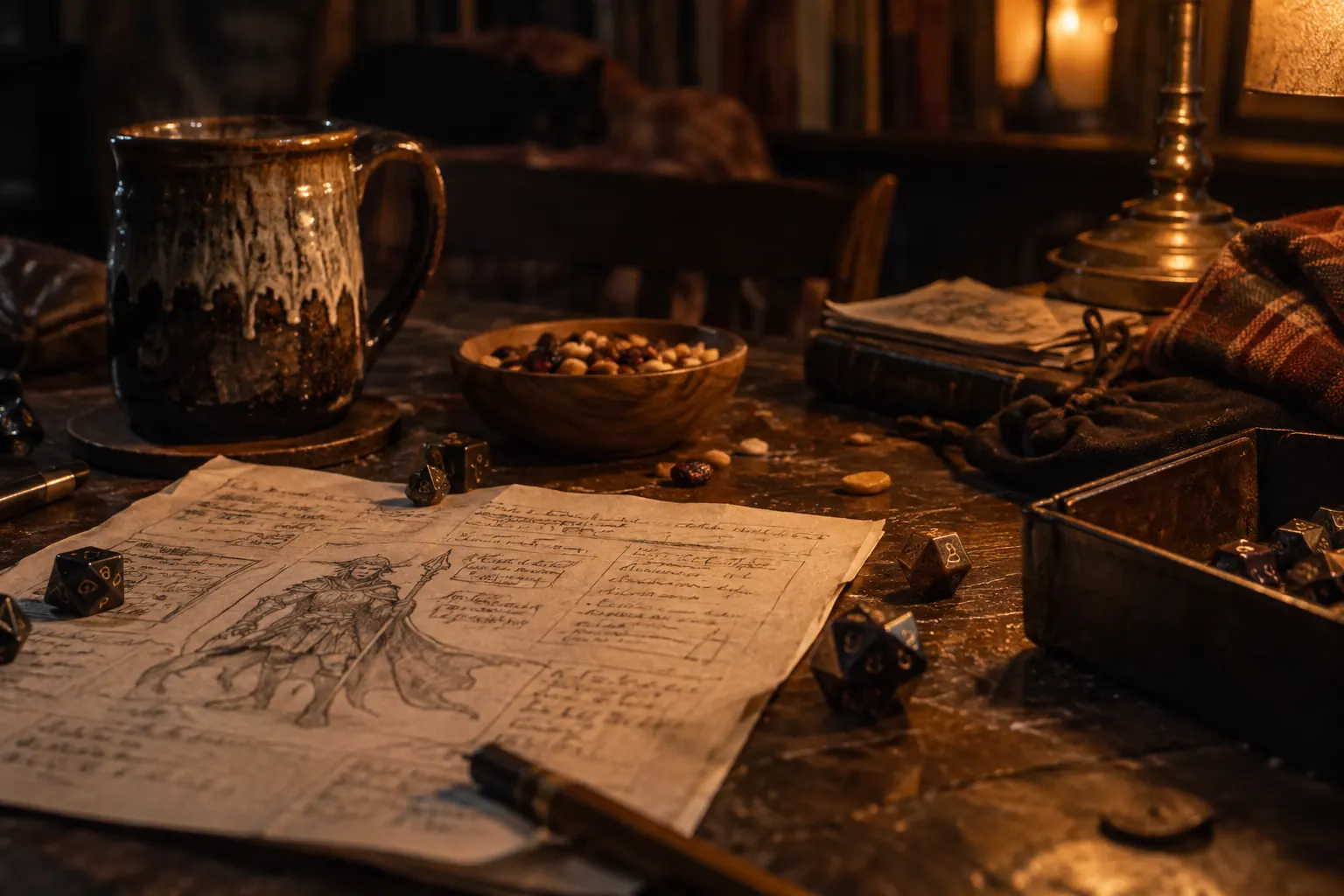 Dice, snacks, mugs, flannel, and character sheets on a cozy tabletop game table