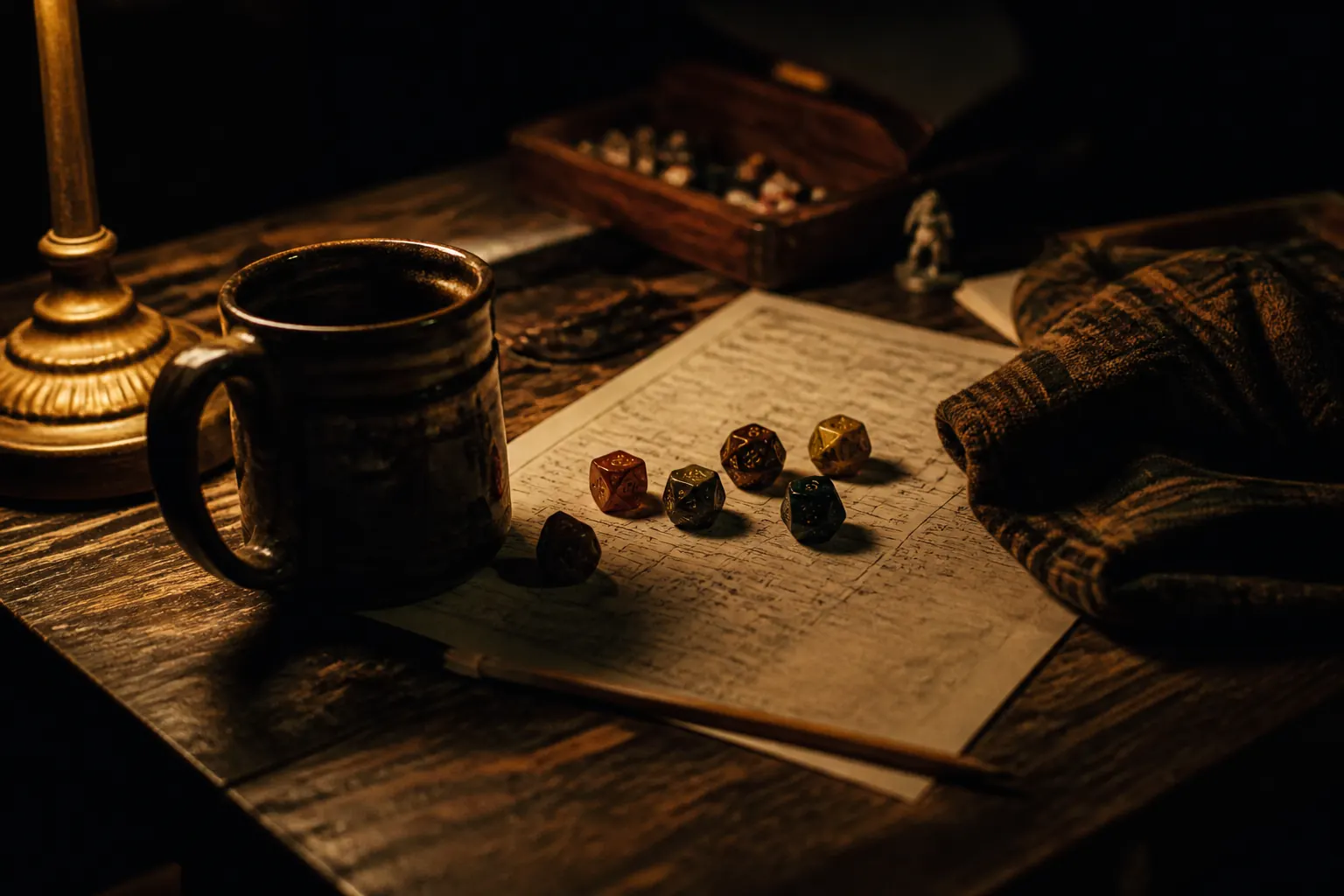 Dice, snacks, mugs, flannel, and a lighter arranged on a tabletop