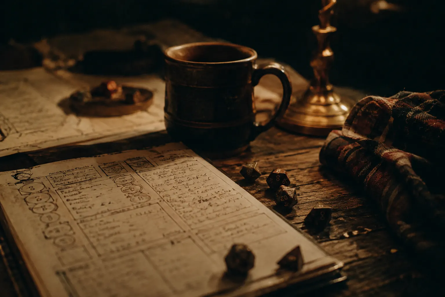 Dice, flannel, snacks, mugs, and a lit bowl on a winter game table