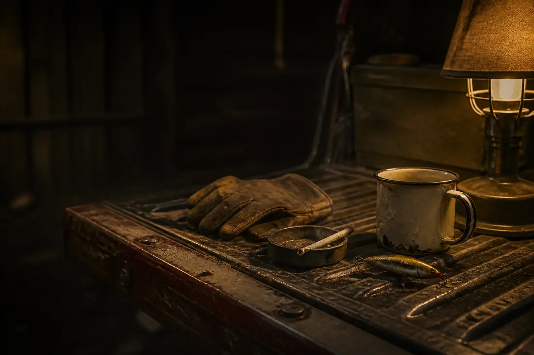 A worn work glove, chipped enamel mug, small metal dish with a cigarette, and fishing lures sit on a rusty truck tailgate beside a lit vintage lamp.