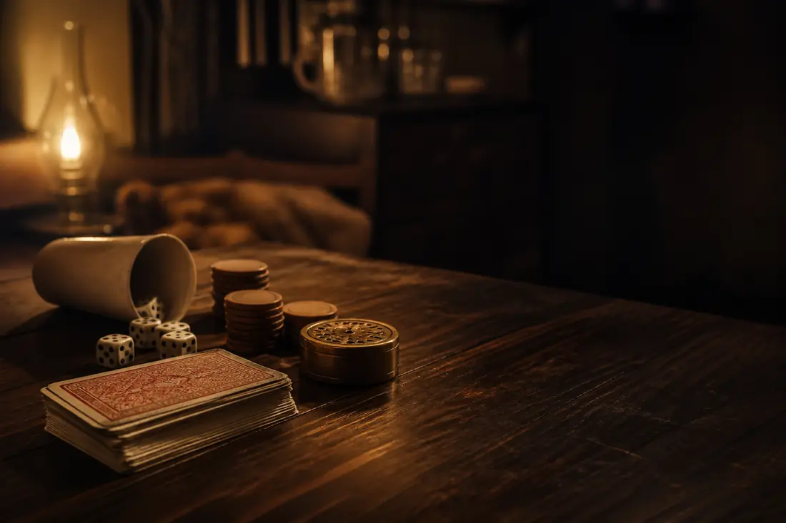 A dark wooden table lit by an oil lamp holds a red-backed deck of cards, white dice spilling from a tipped cup, stacked brown chips, and a small round gold tin.