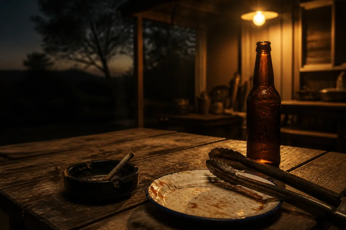A weathered wooden table at dusk holds a black ashtray with a cigarette, a stained enamel plate, metal tongs, and a brown glass bottle under a warm porch light, with a cabin and dark hills behind.