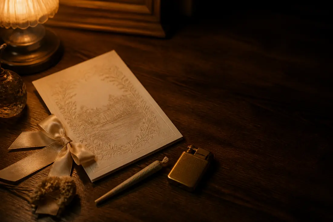 A warmly lit wooden table holds an engraved cream card, gold satin bow, dried flower, rolled joint, gold lighter, glass bottle, and a glowing lamp.