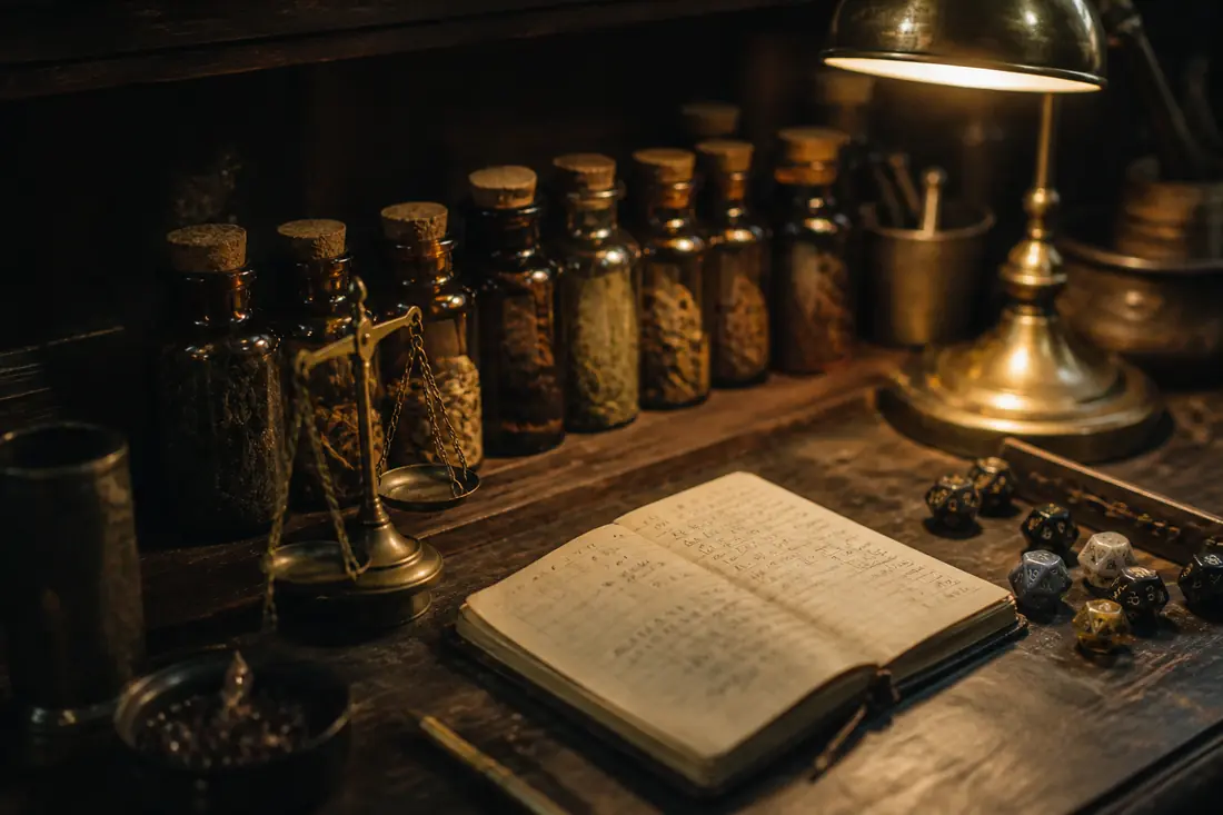 Amber apothecary jars and a small brass balance scale under a lamp
