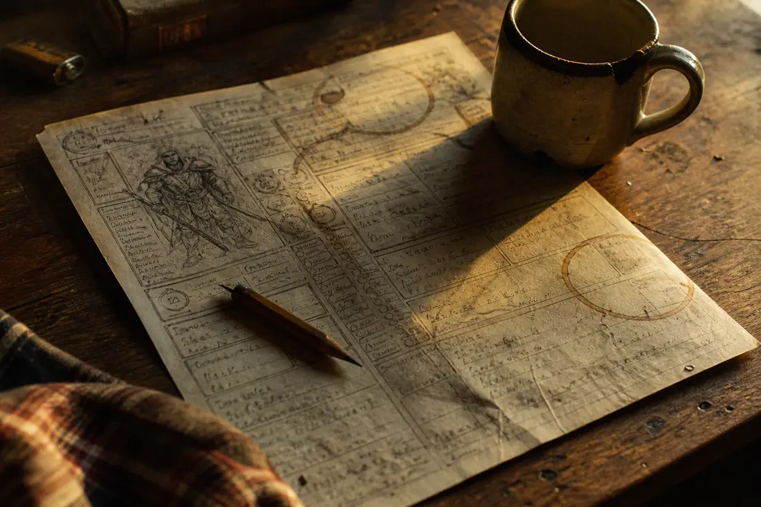 A pencil-marked character sheet and a chipped mug in low golden light
