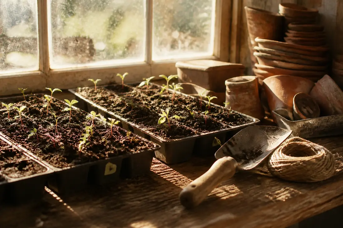 Seed trays of pale green seedlings on a pine potting bench
