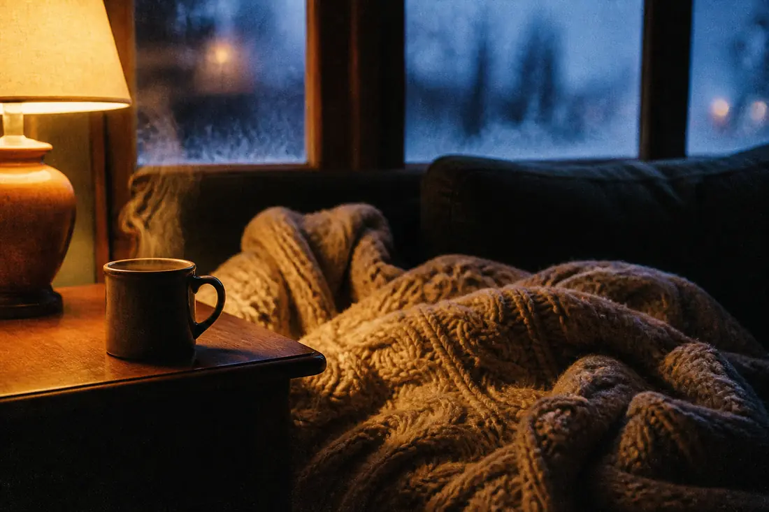A cable-knit blanket and a steaming mug beside a frosted window